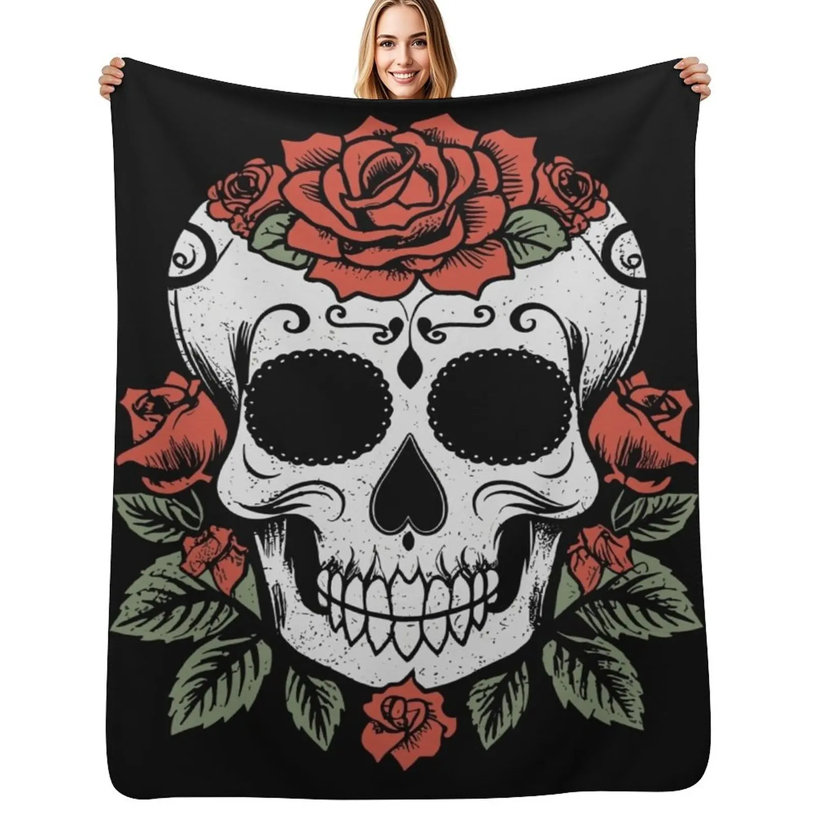 

Sugar Skull with Roses Throw Blanket Multi-Purpose Hairy christmas gifts cosplay anime Blankets