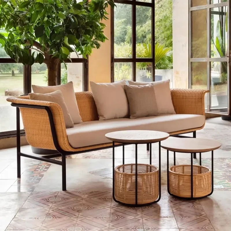 Outdoor Indoor Set of Rattan Chair Small Coffee Table Bird Nest Chair for Southeast Asia Homestay Courtyard Living Room