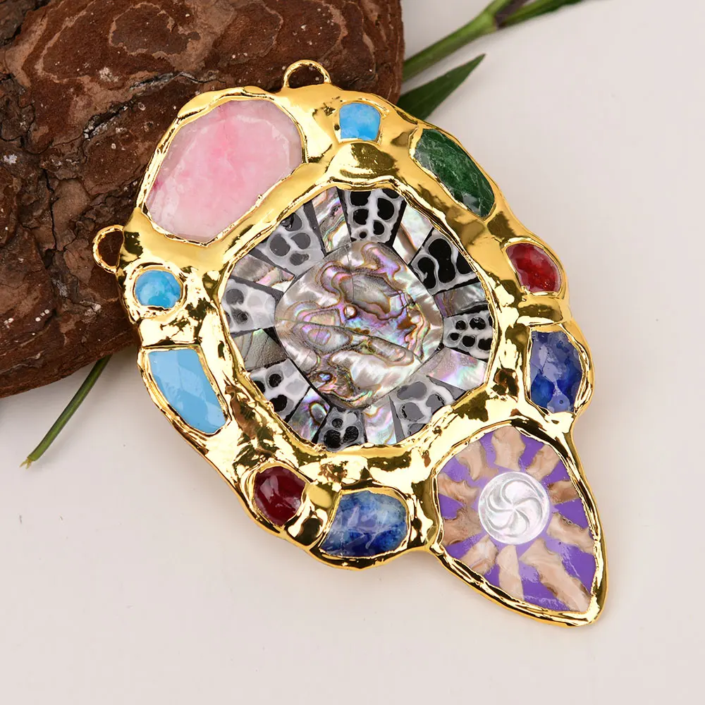 APDGG 1Pc Big Natural Mix Color Multi Agate Turquoise Lapis Lazuli Abalone Shell Pearl Pendant Gold Plated Charms Necklace