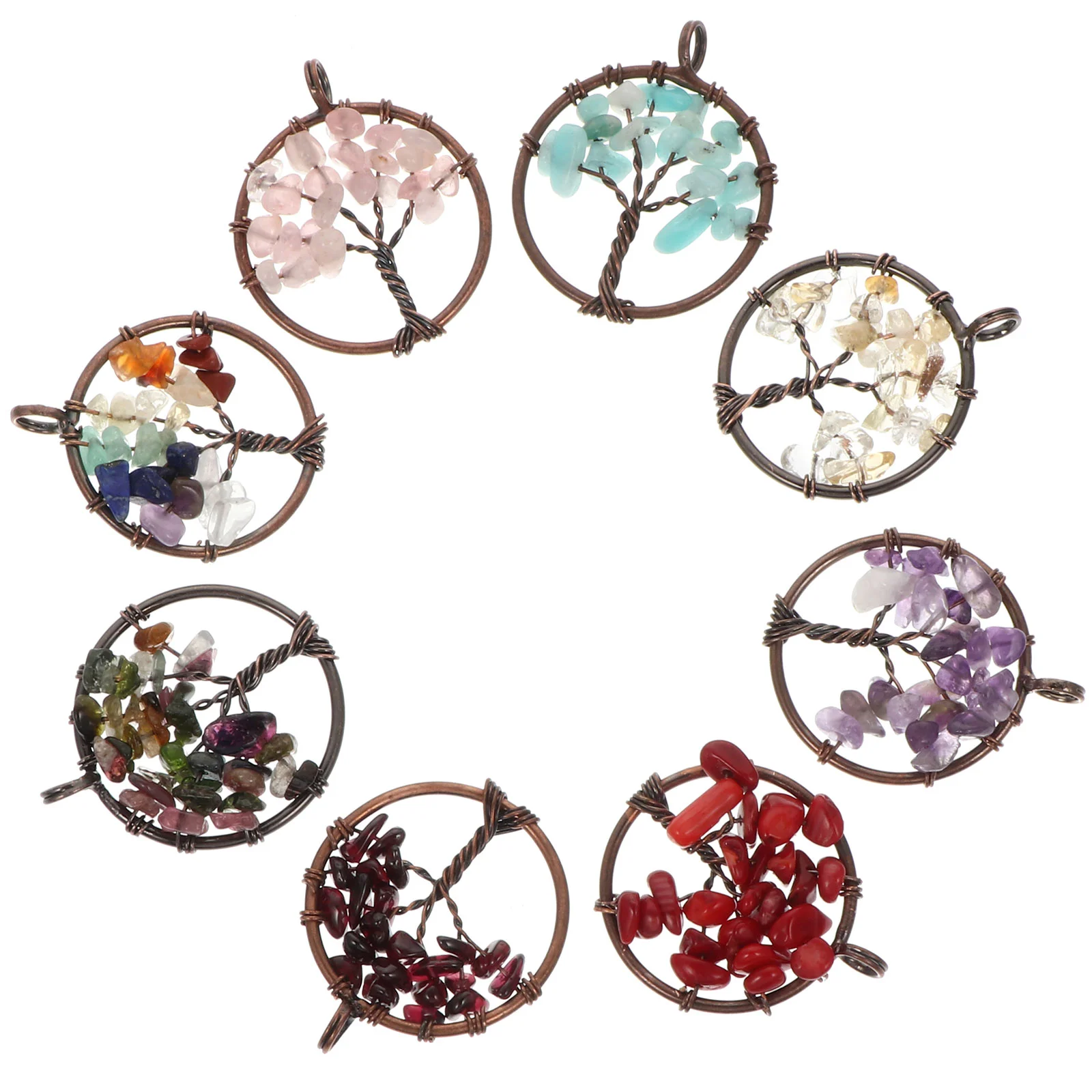 8 Pcs Tree of Life Pendant Chakra Natural Stone Necklace Charms Jewelry Making Healing Crystal Quartz Gems Accessories
