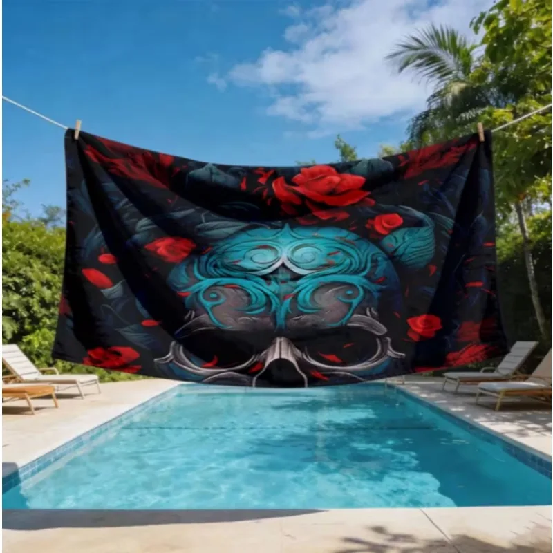 Oversized Microfiber Beach Towel, Gothic Skull & Red Rose Print, Quick Dry Sand Free