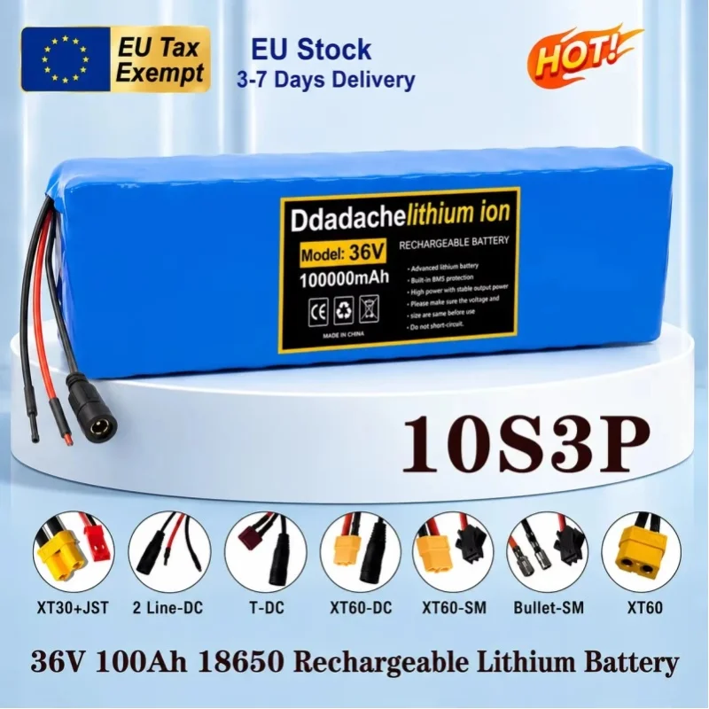 36V 100Ah 10S3P 18650 Wiederaufladbarer Lithium-Ionen-Akku, eingebautes BMS, 1000W Leistungsmotor bietet starke Leistung für Elektroroller.