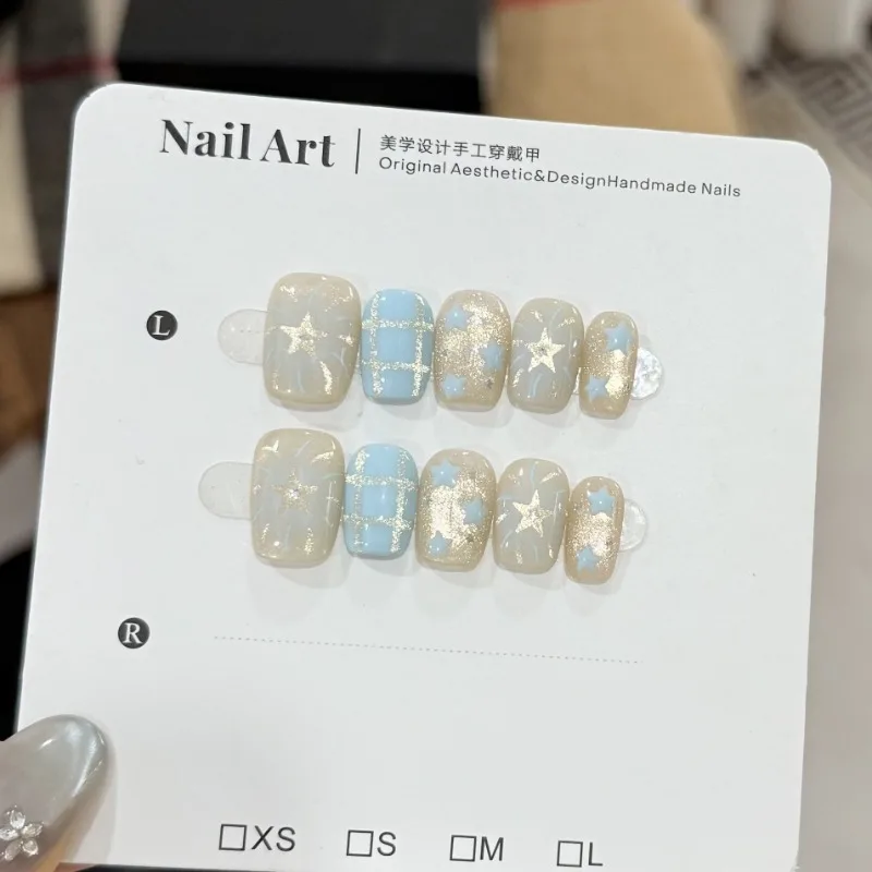10pcs Handmade Nails Soft Blue with Hand-painted Starry Patterns Checkered Designs and Cat-eye Effects These Press-on Nail Tips