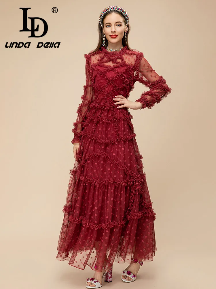 LD LINDA DELLA 2023 Summer Fashion Designer Party Dress Women's Wine red Dot Plaid Cascading Ruffle Splice Irregularity Dress