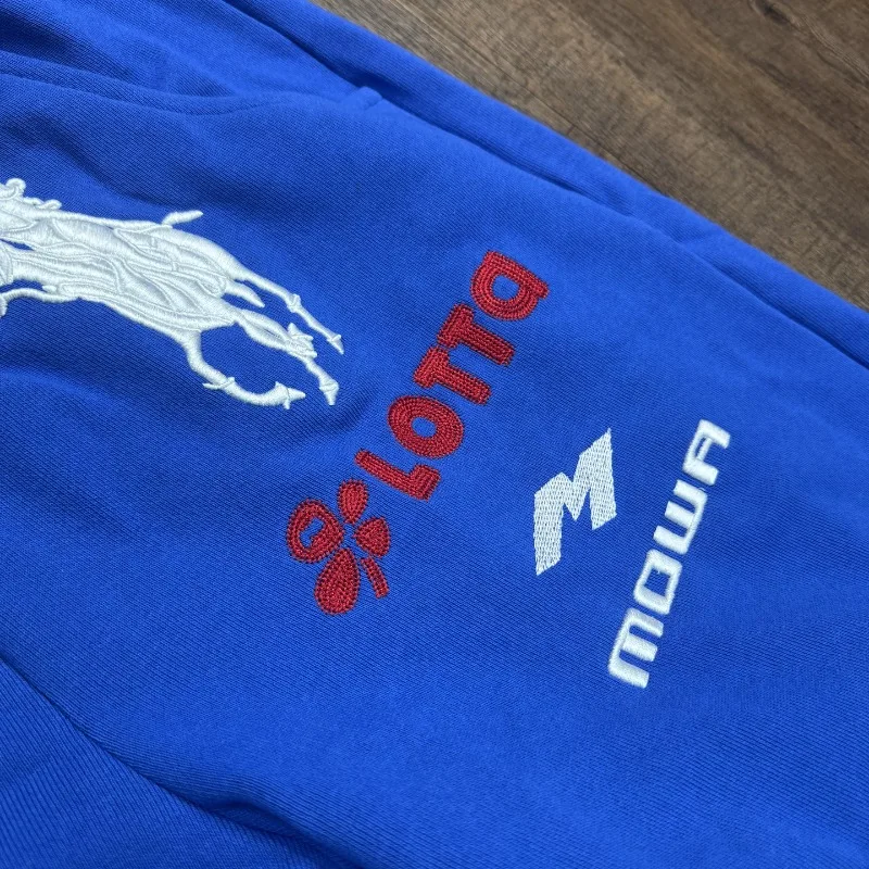 أسود أزرق Mowalola التطريز الحرب الحصان فارس أرقام 6 شعار Sweatpants الرجال النساء كاني ويست السراويل تيري عادية فضفاض بنطلون