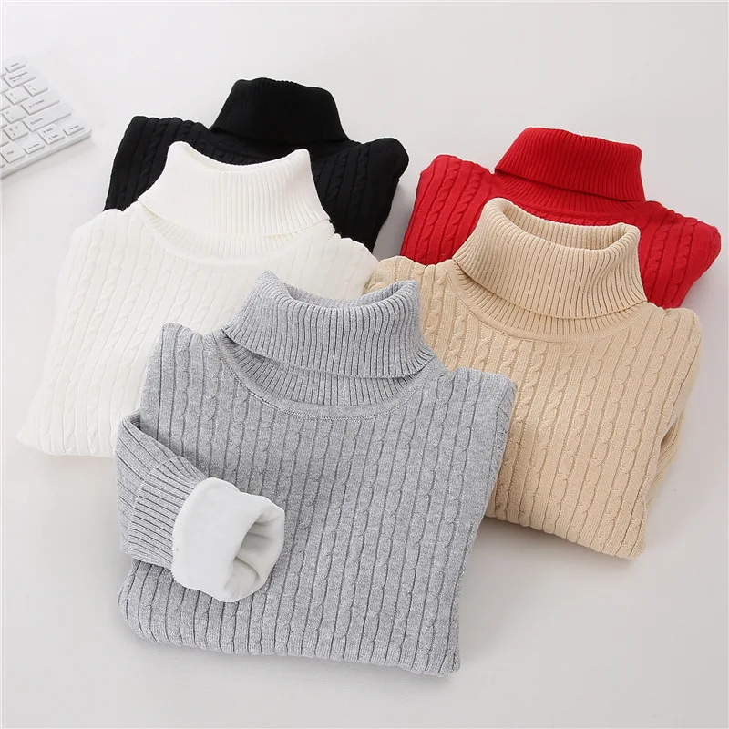 Autumn Winter Turtleneck Sweater For Girls Cotton Solid Plus Velvet Thicken Babys Girl Kniwear Cartoon Warm Children Girl Jumper