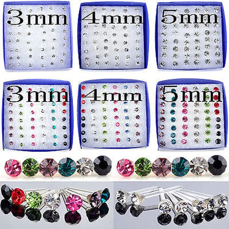 24 Pairs/Lots Mini Sliver Color Colorful Crystal Ball Stud Earrings For Women Girls Ear Studs Jewelry Dia 3mm 4mm 5mm