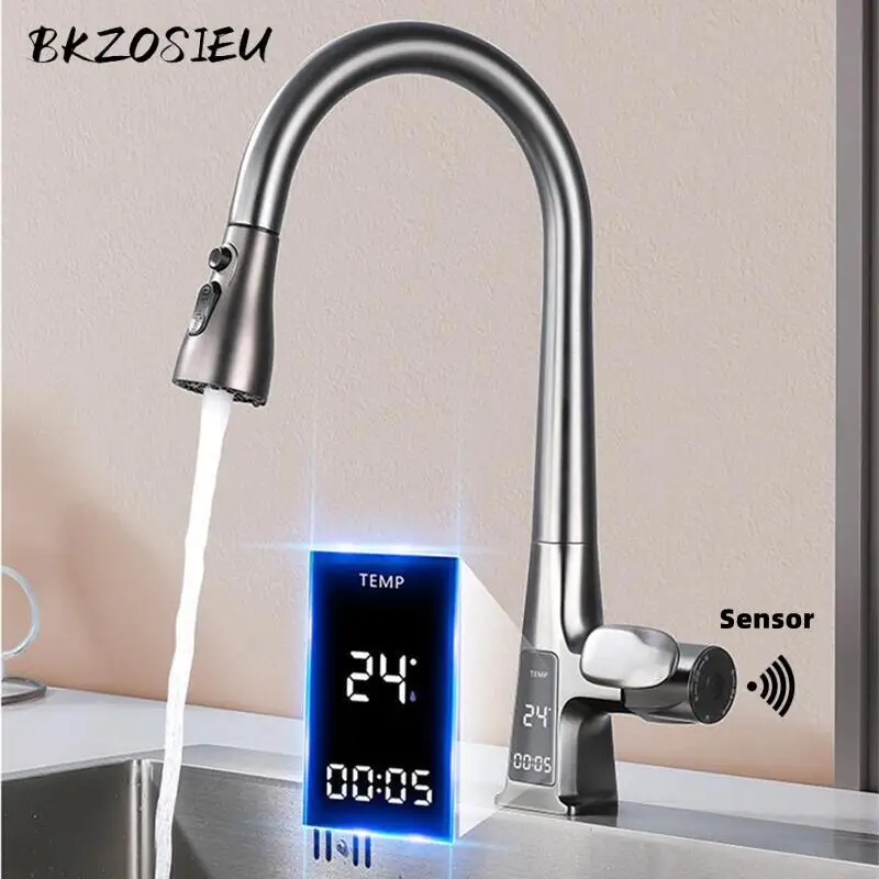 

BKZOSIEU Digital Display Kitchen Faucet Pull Out Spout Smart Inductive Sensitive Faucet 360 Degree Rotation Mixer Tap