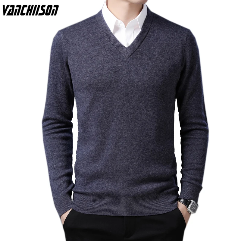 

Men 100% Wool Knit Tops Pullover Basic Thick for Autumn Winter Sweater V Neck Dad Father Fashion Present Clothing 01067