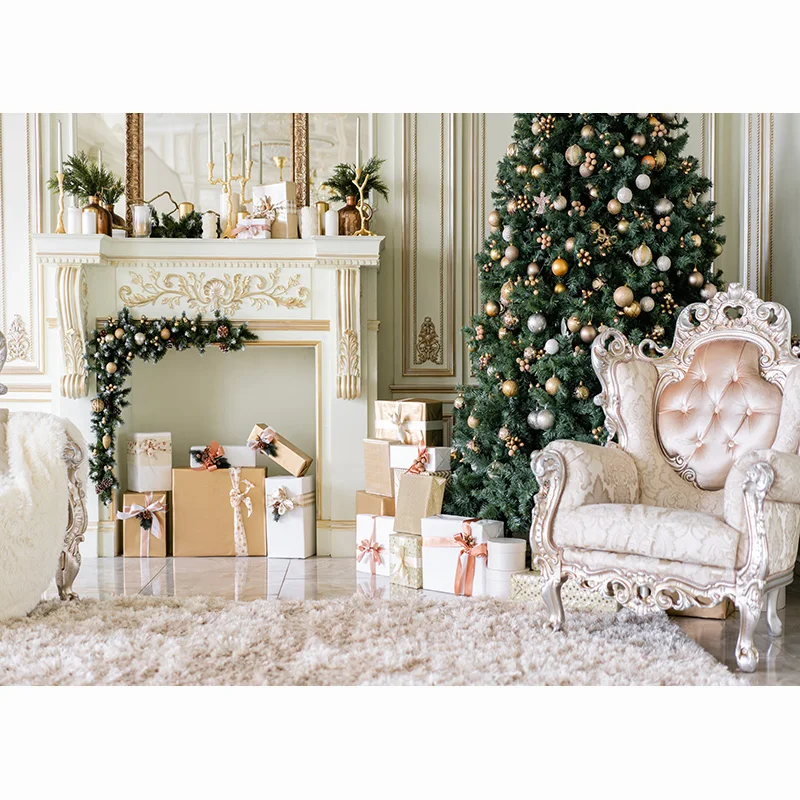 Christmas Tree String Lights Snowflake Gift Box Photography Background Fireplace Colorfast Studio Backdrops JR-09