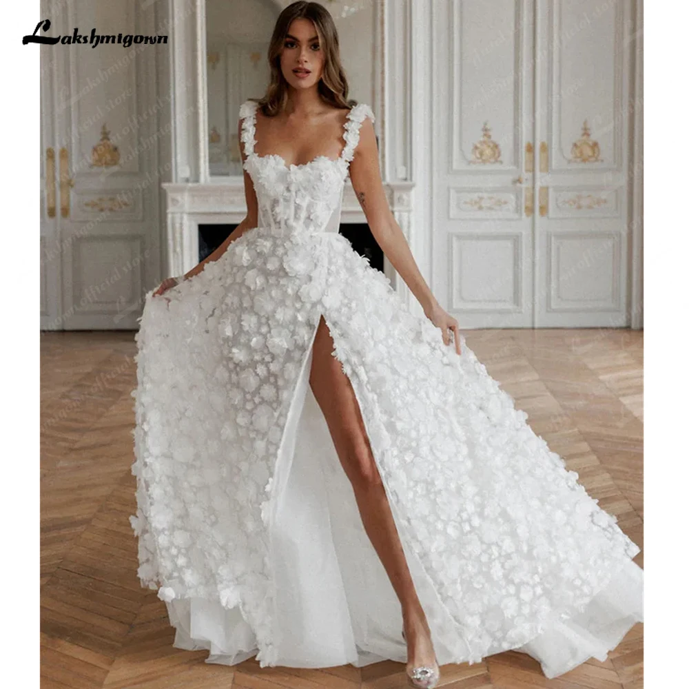 Lakshmigown Sweetheart Ivory Wedding Dress Princess 3D Flower Luxury Prom Dresses A-line Side Slits Bespoke Occasion Dresses