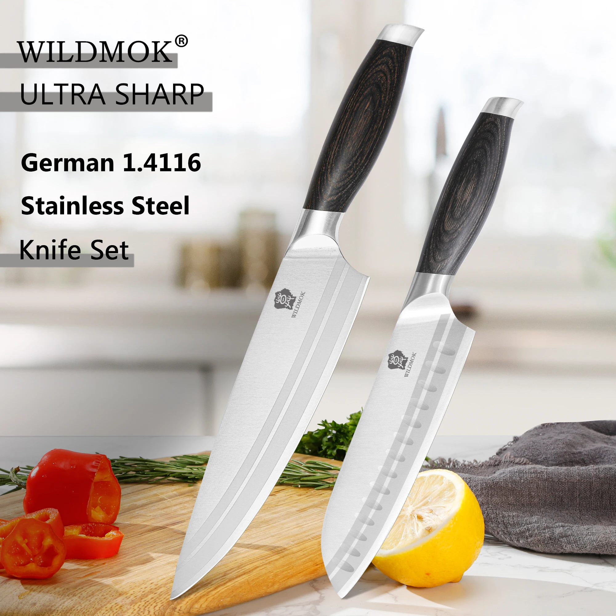 

WILDMOK Professional Knife Set, 2 Pieces Knife Set, German Stainless Steel Chef Knife Set with Black Pakkawood Handle