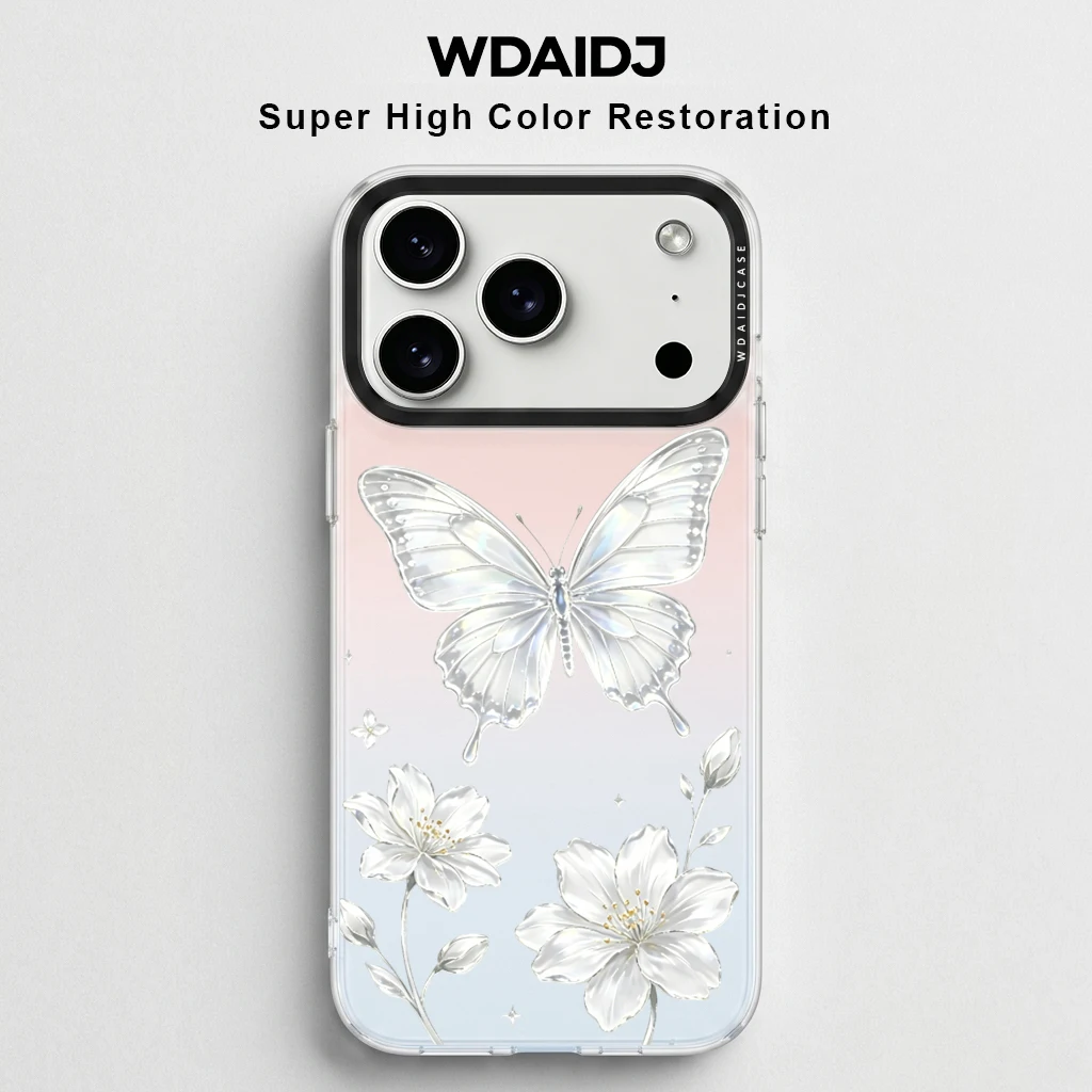 

Shimmering Silver Butterfly＆White Flower On Pink Blue Gradient Phone Case For iPhone17 16 15 14 13Elegant Floral Anti Drop Cover