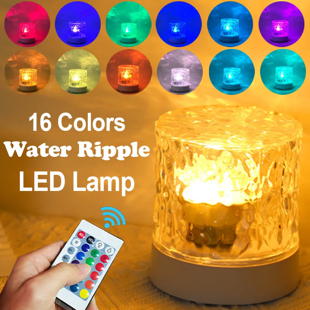 LED Night Light USB Water Ripple Crystal Projector Lamp 16 Colors Dimmable Bedroom Living Room Desk Lamp Home Room Decor