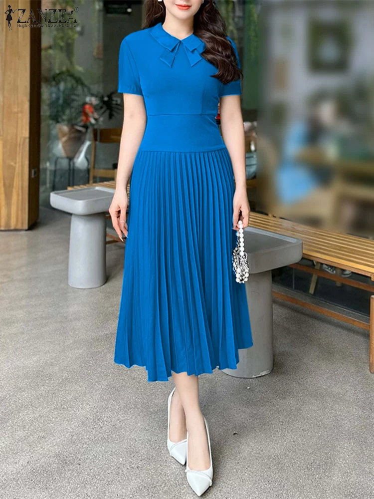 ZANZEA 2025, Mode Sommer Kleid Frauen Elegante Kurzarm Arbeit OL Vestidos Solide Plissee Kleider Stilvolle Bogen Party Sommerkleid