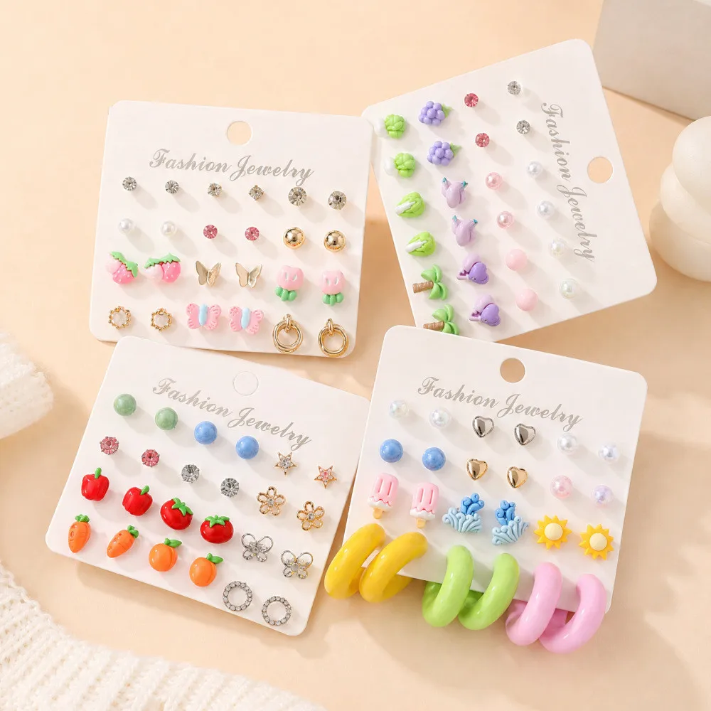 12Pairs Cute Resin Stud Earrings Rhinestone Pearl Fruit Vegetable Butterfly Earrings for Women Daily Party Jewelry Gift