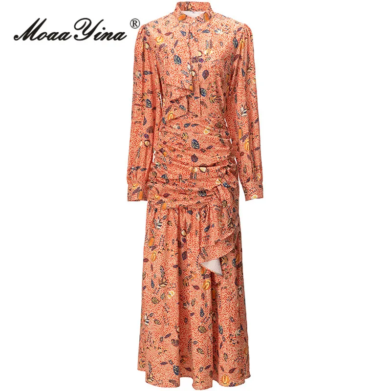 

MoaaYina Autumn Fashion Runway Black Vintage Print Party Dress Women Stand Collar Long Sleeve Ruffles High Waist Slim Long Dress