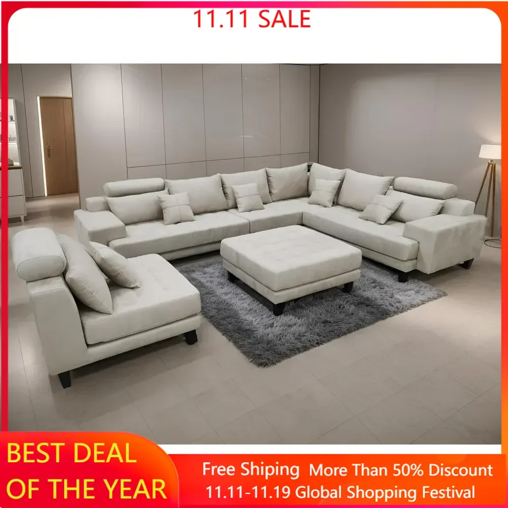 

L Shape U Shape Reversible Microfiber Fabric Sectional Couch Sofa Set, 110-142" L x 110" D x 35" H, Living Room Sofas, Beige