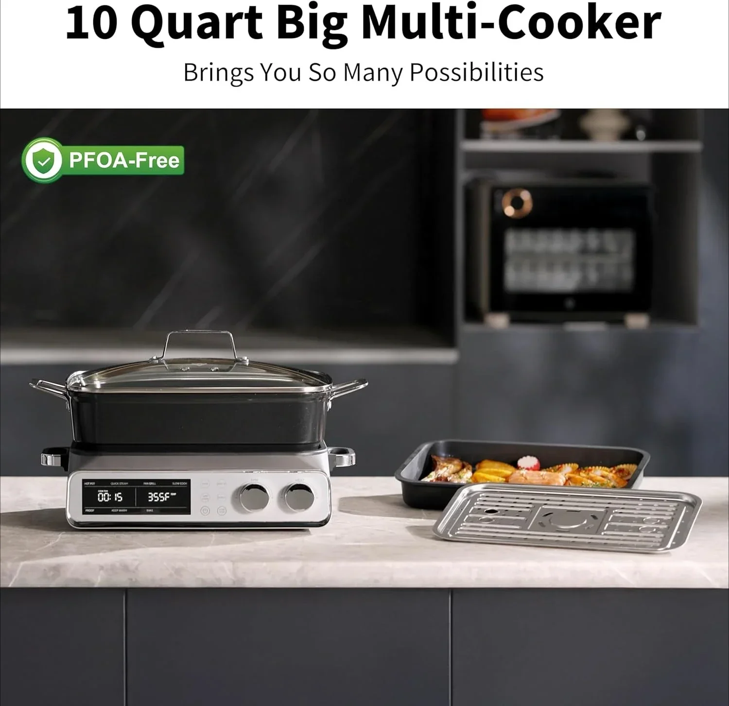 N21NA Pro Slow Cooker 10 Quart, 8-in-1 Programmable PFOA-Free Ceramic Coated Multi-Cooker with Grill Pan, Steaming Plate