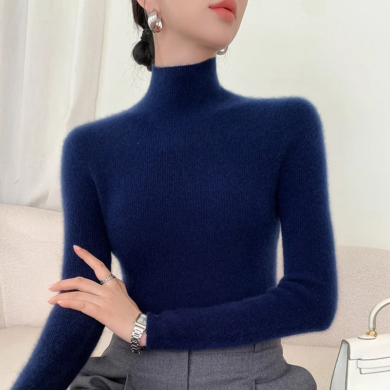 Autumn and winter new 100% pure wool women\'s semi-turtle neck with slim temperament bottoming sweater.