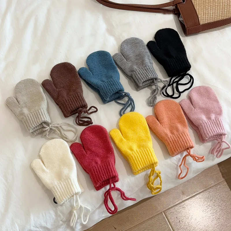 Winter Baby Wool Gloves Halter Knitted Kids Mittens for Girls Boys Accessories Candy Color Children Gloves Baby Gift 1-4Y
