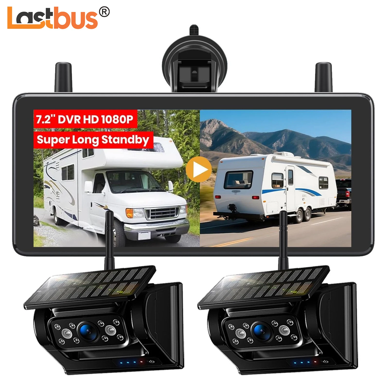 

Lastbus 7.2" Digital Wireless Dual Screen DVR Monitor Solar Magnetic Wireless Backup Cameras For Truck Trailer RV Caravan Camper