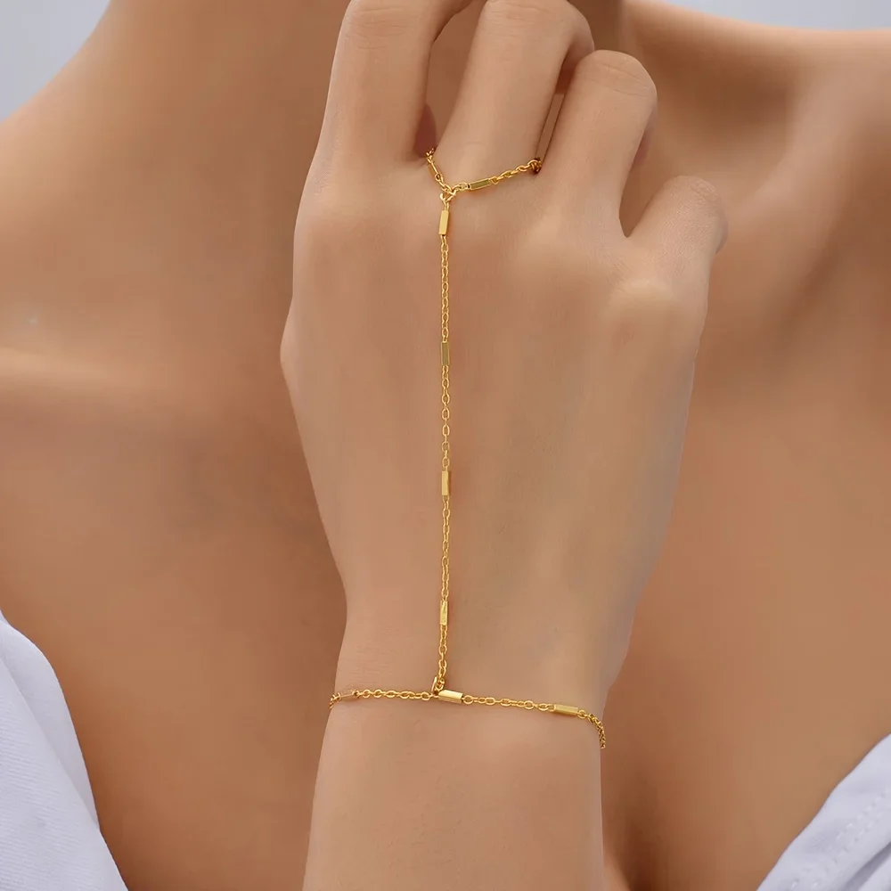 Women's Elegant Style Summer Finger Ring Bracelet, Minimalist Fine Chain Integrated Hand Jewelry Accessory