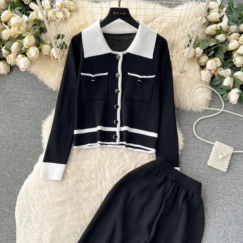 Fashion Knitted Pants Autumn and Winter Long-sleeved Sweater Top + High-waisted Wide-leg Pants Two-piece Set