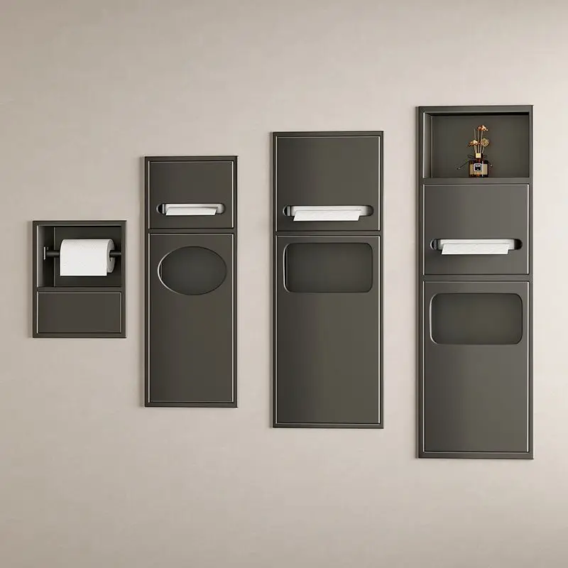 Stainless Steel Recessed Bathroom Wall Niche, Embedded Storage with Tissue Holder & Trash Bin for Toilet