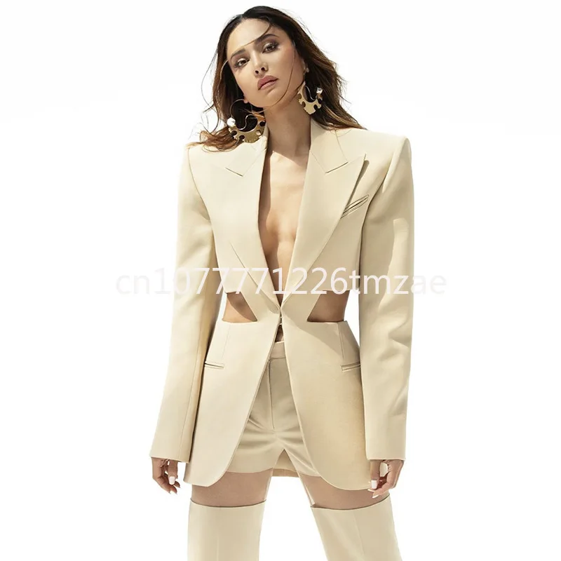 European and American New Star Personality Waist Hollow Suit Jacket Mesh Stitching Trousers Suit Two-Piece Suit