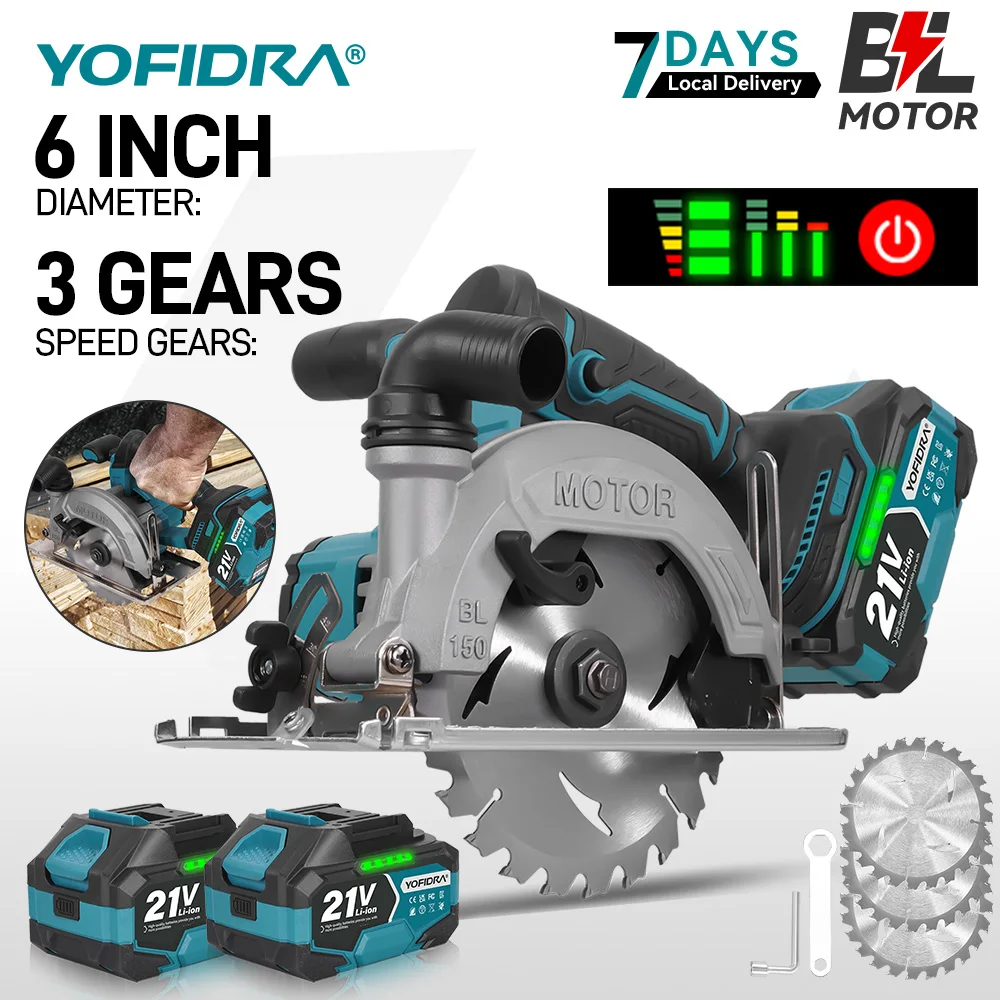 YOFIDRA 6 Zoll Bürstenlose Elektrische Kreissäge Handgehaltenes Holz- und PVC-Rohrschneidewerkzeug mit 55mm Schnitttiefe für Makita 18-21V Akku