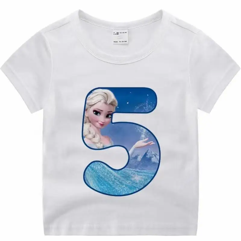 Children clothes tops Frozen Princess Elsa  Birthday Number Children T-shirt  Clothes for Girls T Shirt Anime Cartoons Casual