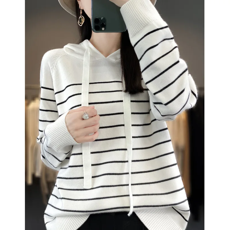 

Autumn Winter Women's Pullover Hooded Drawstring Striped Flocking Screw Thread Long Sleeved Sweater Knitted Fashion Casual Tops