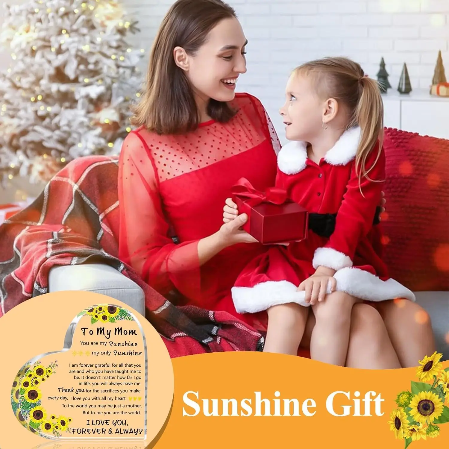 Sunflower Floral Heart‑Shaped Acrylic Sign, Sentimental Loving Message Desktop Ornament for Mother