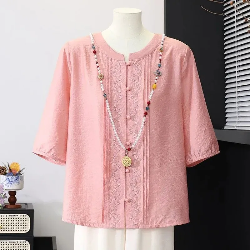 Elegant New Chinese Mature Women Spring Summer Embroidered Mid Sleeve Shirt Versatile Mom Casual Tops S-4XL
