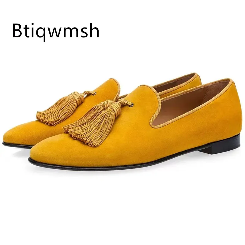 

Желтые замшевые туфли с кисточками, мужские туфли без шнуровки с острым носком, зеленые туфли из натуральной кожи на плоской подошве, мужская модная обувь для вечеринок