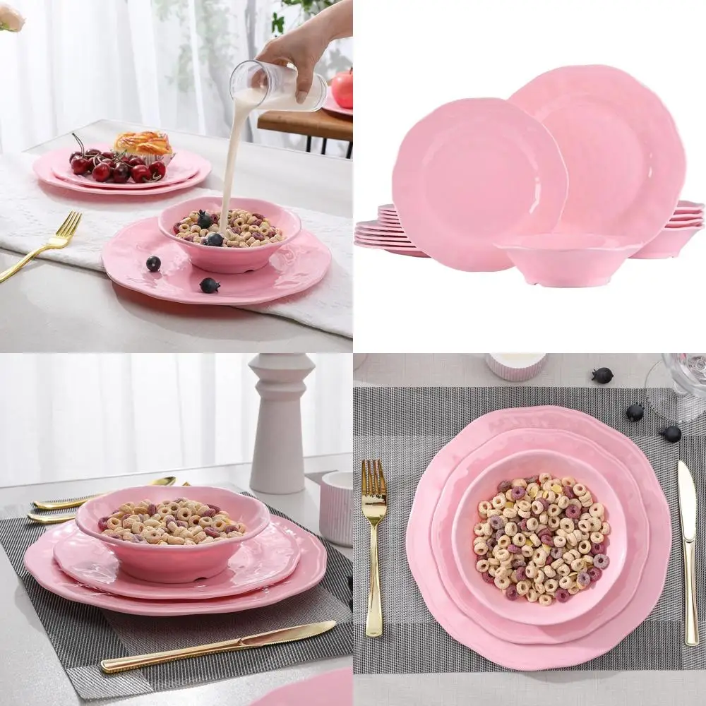 

Набор посуды из 6 предметов из розового меламина, легкие и прочные тарелки и миски, идеально подходят для кемпинга в автодомах, можно мыть в посудомоечной машине.