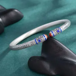 Classic Enamel Blue Heart Sutra bangles Ethnic Style Retro Silver 925 charm bracelet for women Exquisite Red Banquet Jewelry