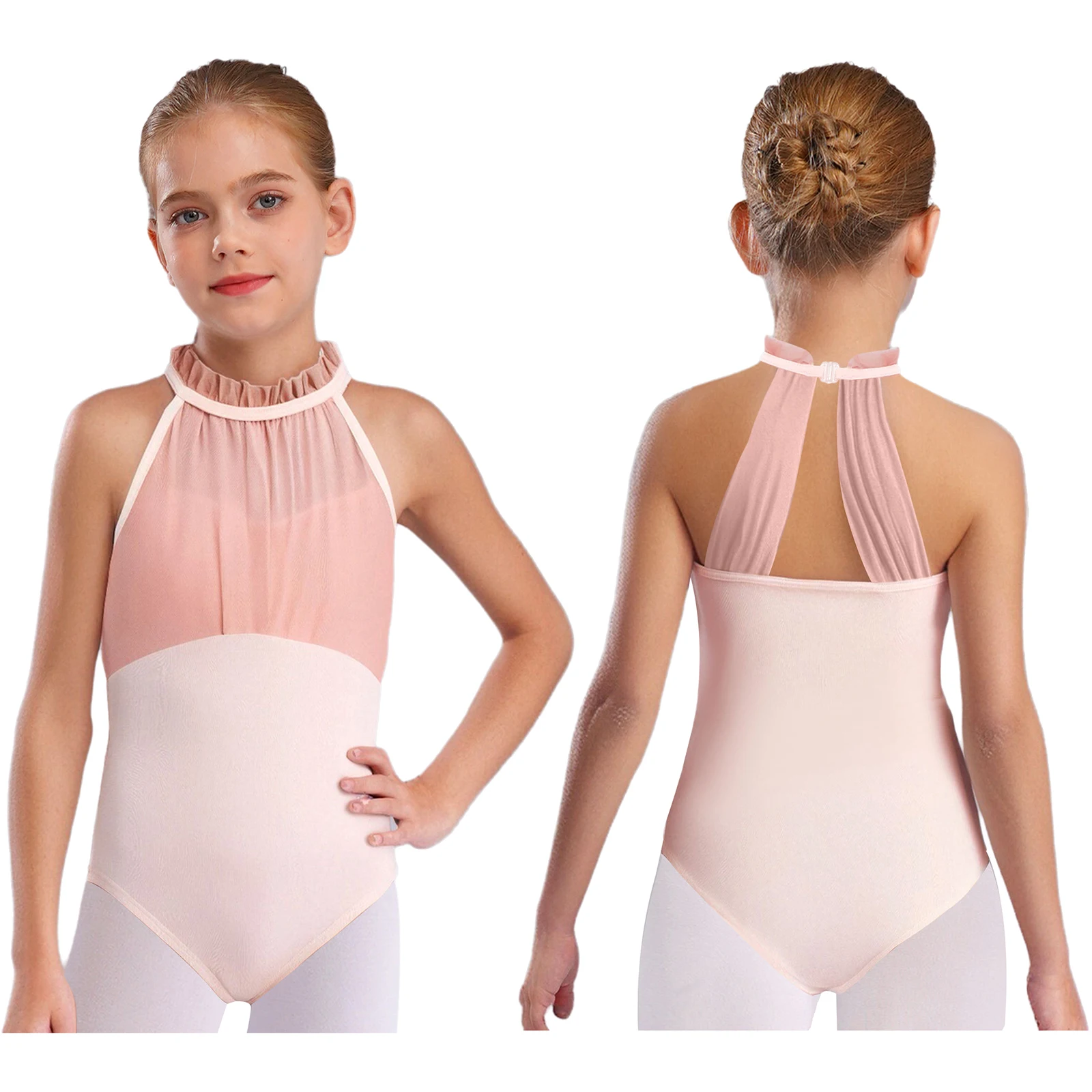 女の子バレエダンスレオタードノースリーブバックレスシャーリングシアーメッシュボディス体操ボディスーツ社交ステージダンスパフォーマンス用