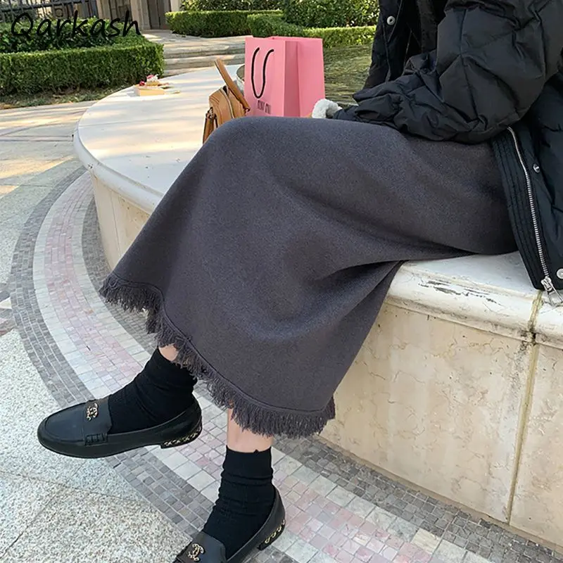 Winter Skirts Women Midi Tassel Soft Loose High Waist Gentle Designed Literary Knitting Sweet Straight Faldas   Ulzzang