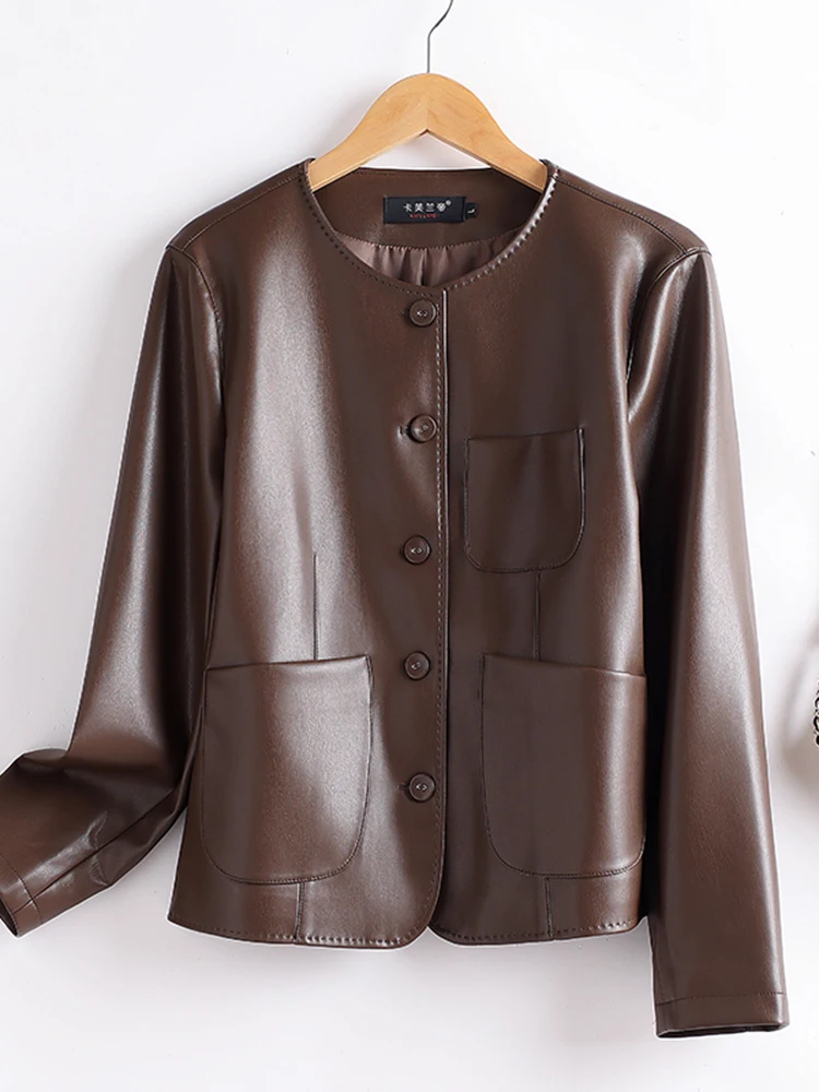 2025年新作 スレハイフェン オートラウンドネック レザージャケット レディース 本革 カジュアル ショートコート トレンド 通勤 防風