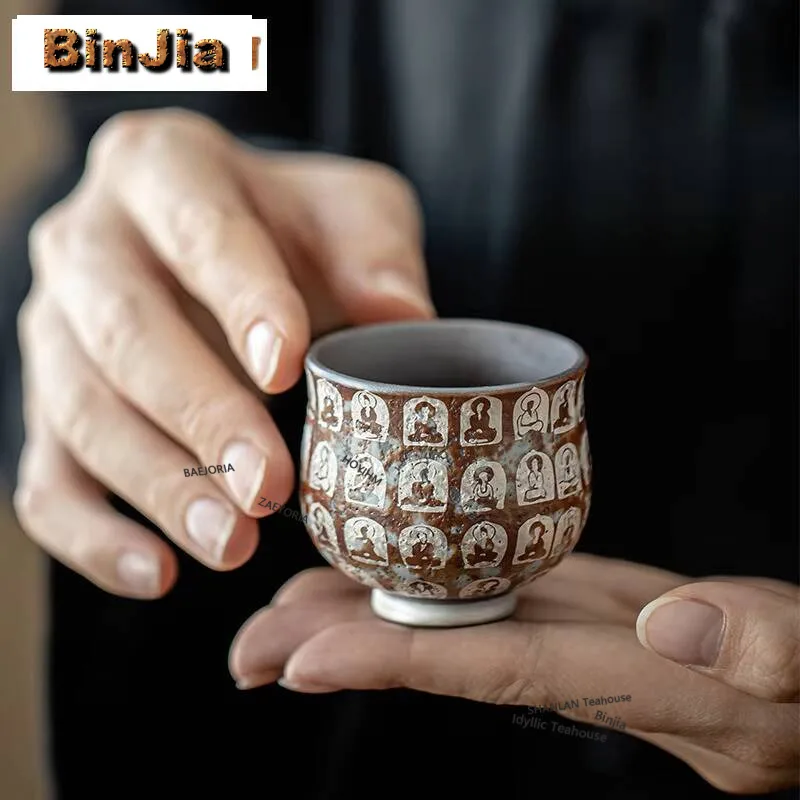 2pc/lot Old Rock Mud Gilt Silver Teacup Zen Ten Thousand Buddha Master Cup Tasting Mug Retro Tea Pair Master Cups Teaset 50ml