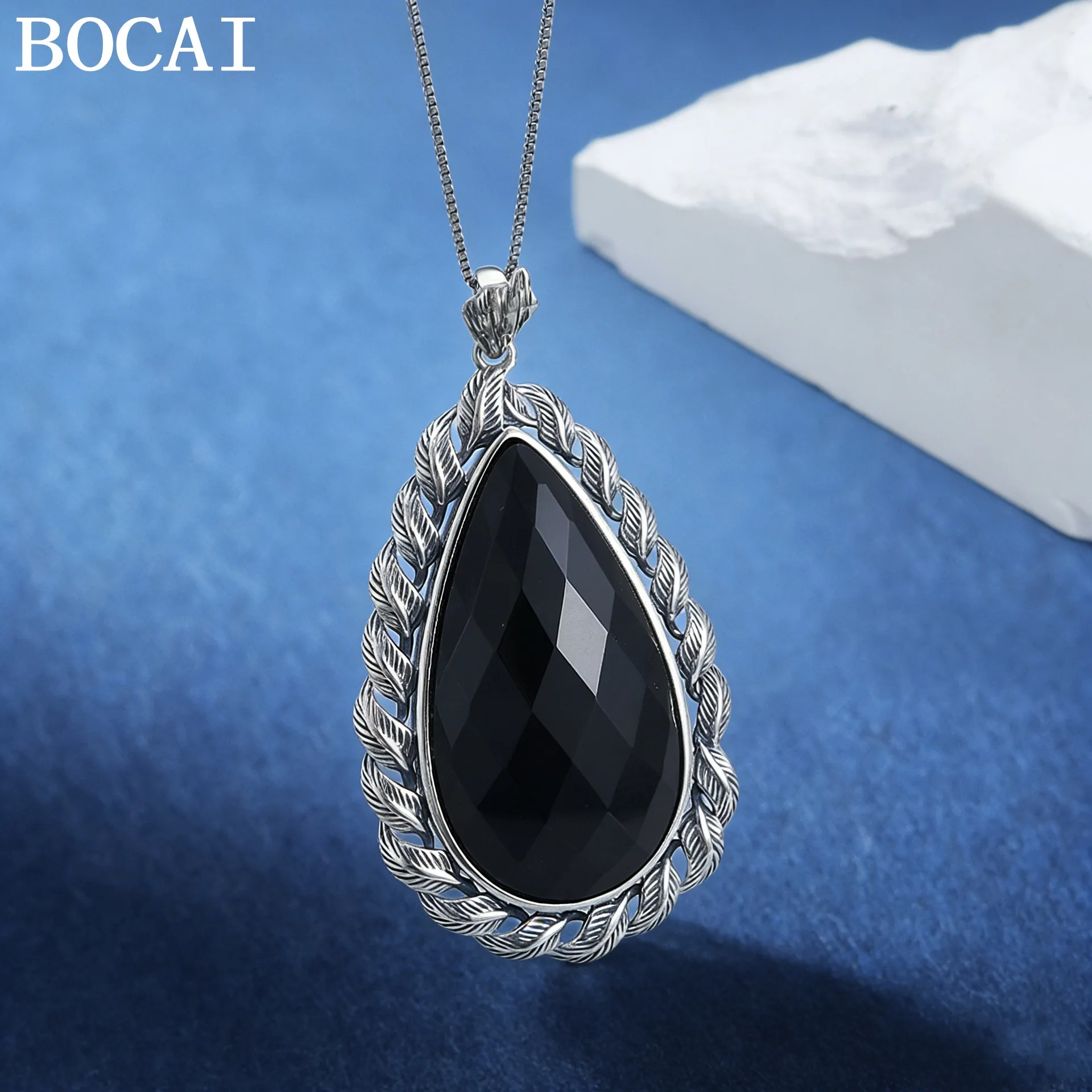 BOCAI S925 Silver Charms Pendants for Women Leaves Edging Water Droplet Shaped Tangent Plane Agate Fashion Jewelry Wholesale