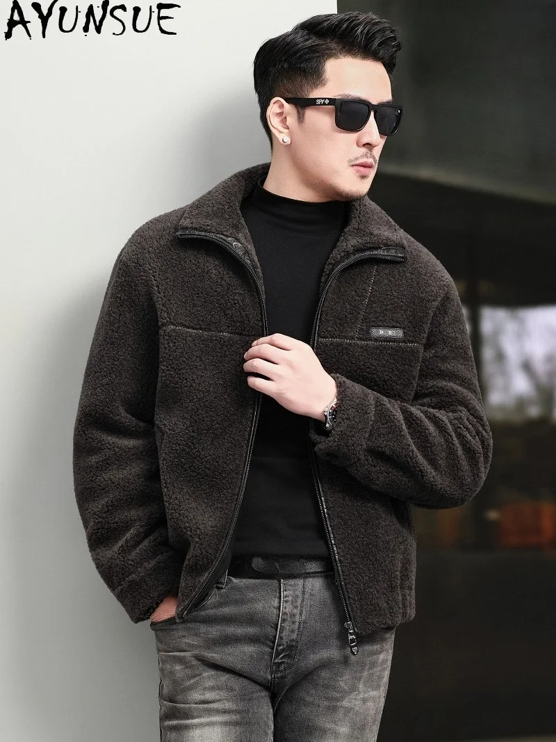AYUNSUE Real Sheep Shearing Coats for Men New Winter Stand Collar 100% Wool Coat Man's Streetwear Clothing Warm Lamb Wool Jacket