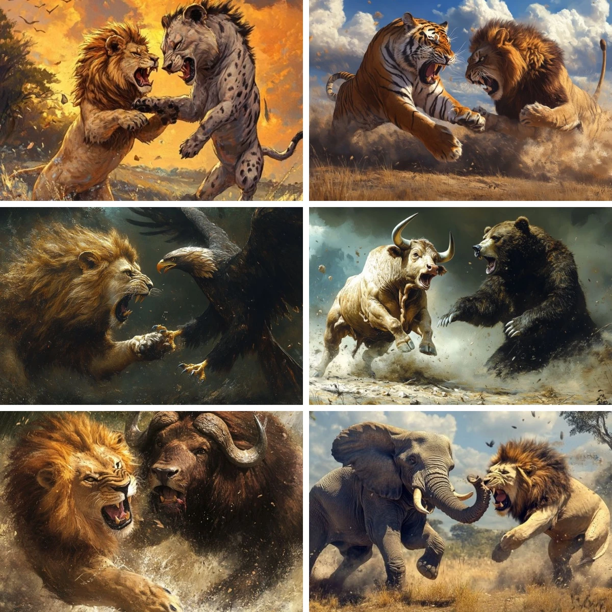 

Full Drill DIY Diamond Art Painting By Number Kits for Adult Lion Fighting Wild Animals Buffalo Elephant Tiger Hyena Wall Decor