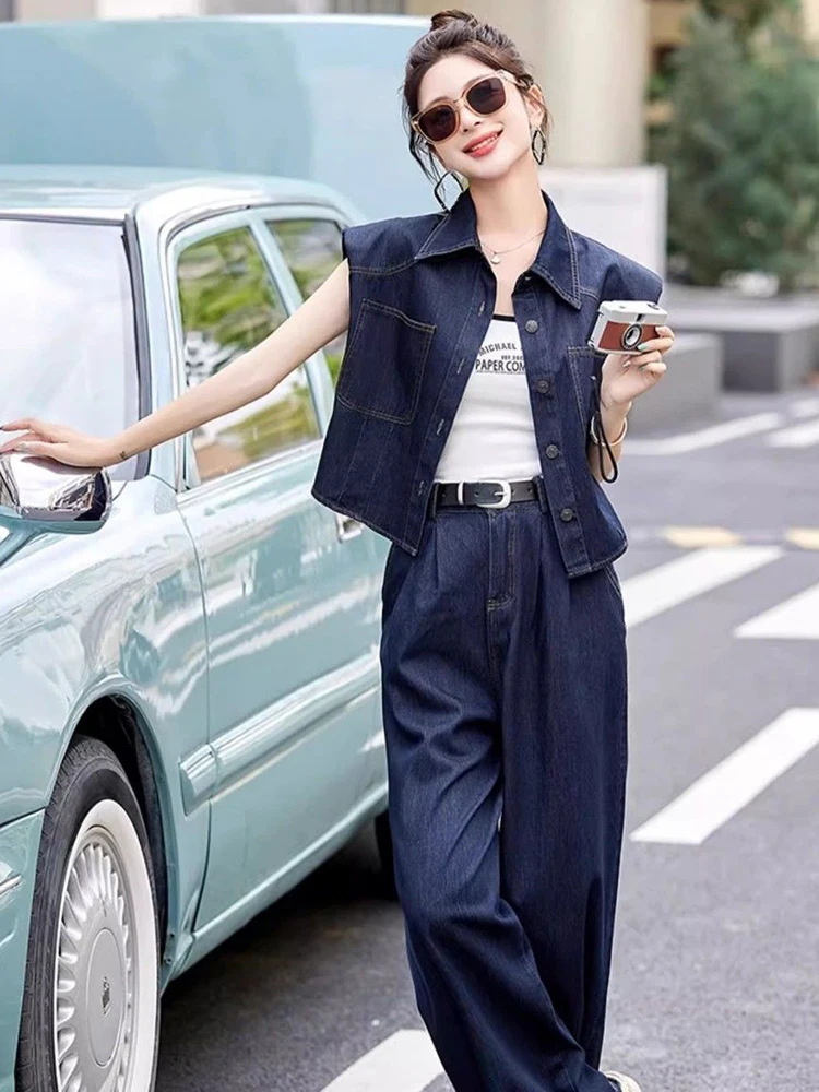 High Quality French Denim Two Piece Set Women Jeans Jackets Sleeveless Coat Loose Wide Leg Pants Casual Streetwear Outfits