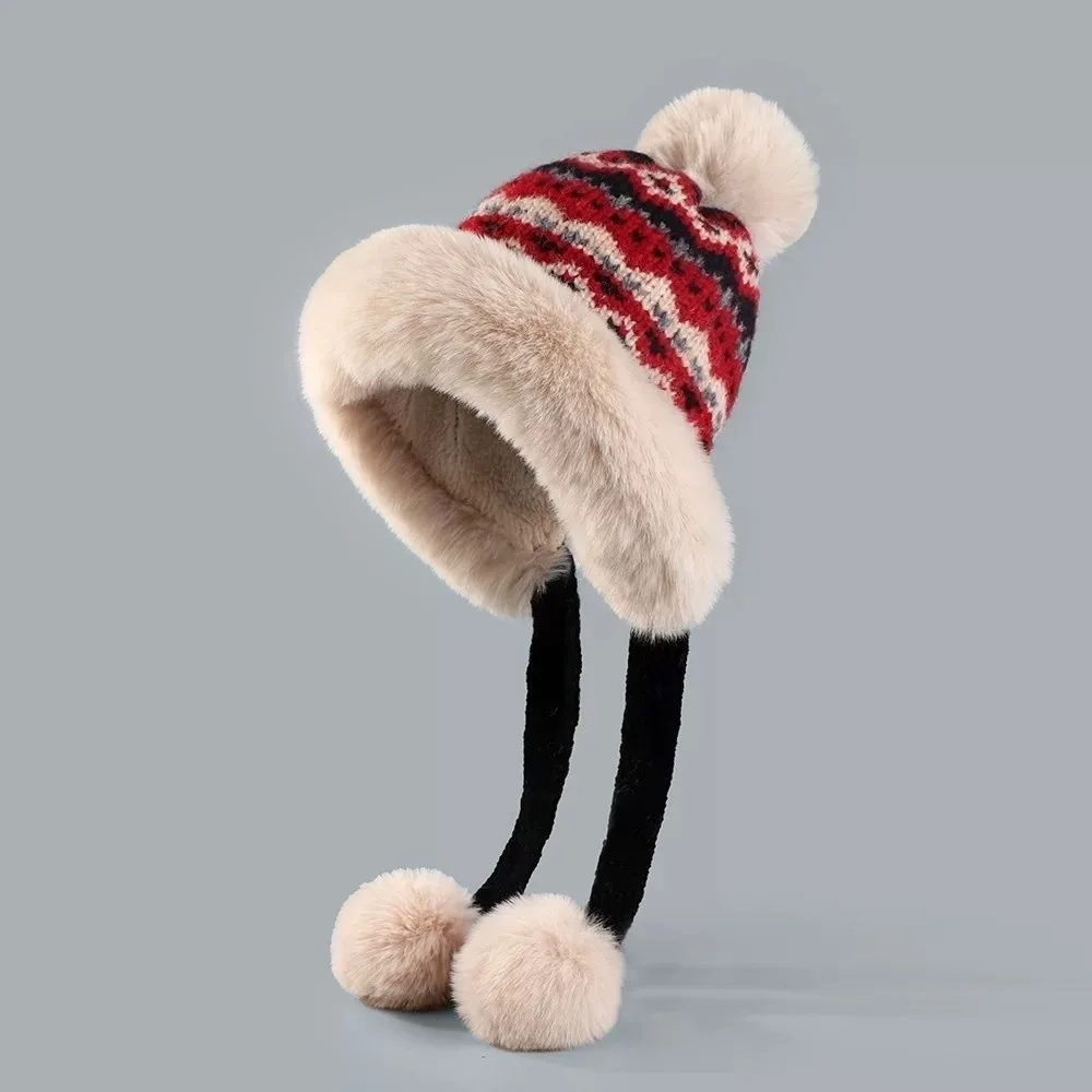 

New Knitted Knitted Hat Warm Thicken Ear Protection Hat Coldproof Fur Balls Beanie Hat Autumn and Winter