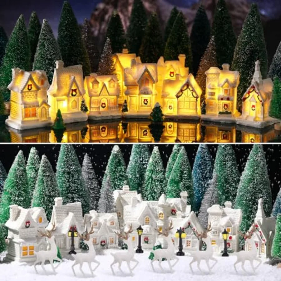 

41 Pcs Christmas Village Set LED Lighted Christmas Village Accessories White Houses with Xmas Tree Deer Streetlight Figurines C