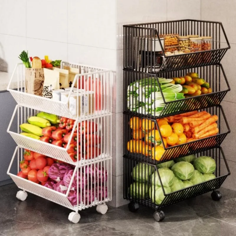 Multi Tier Mobile Storage Cart Kitchen Floor Standing Basket Vegetables Fruits Home Organization Rolling Storage Cart Furniture