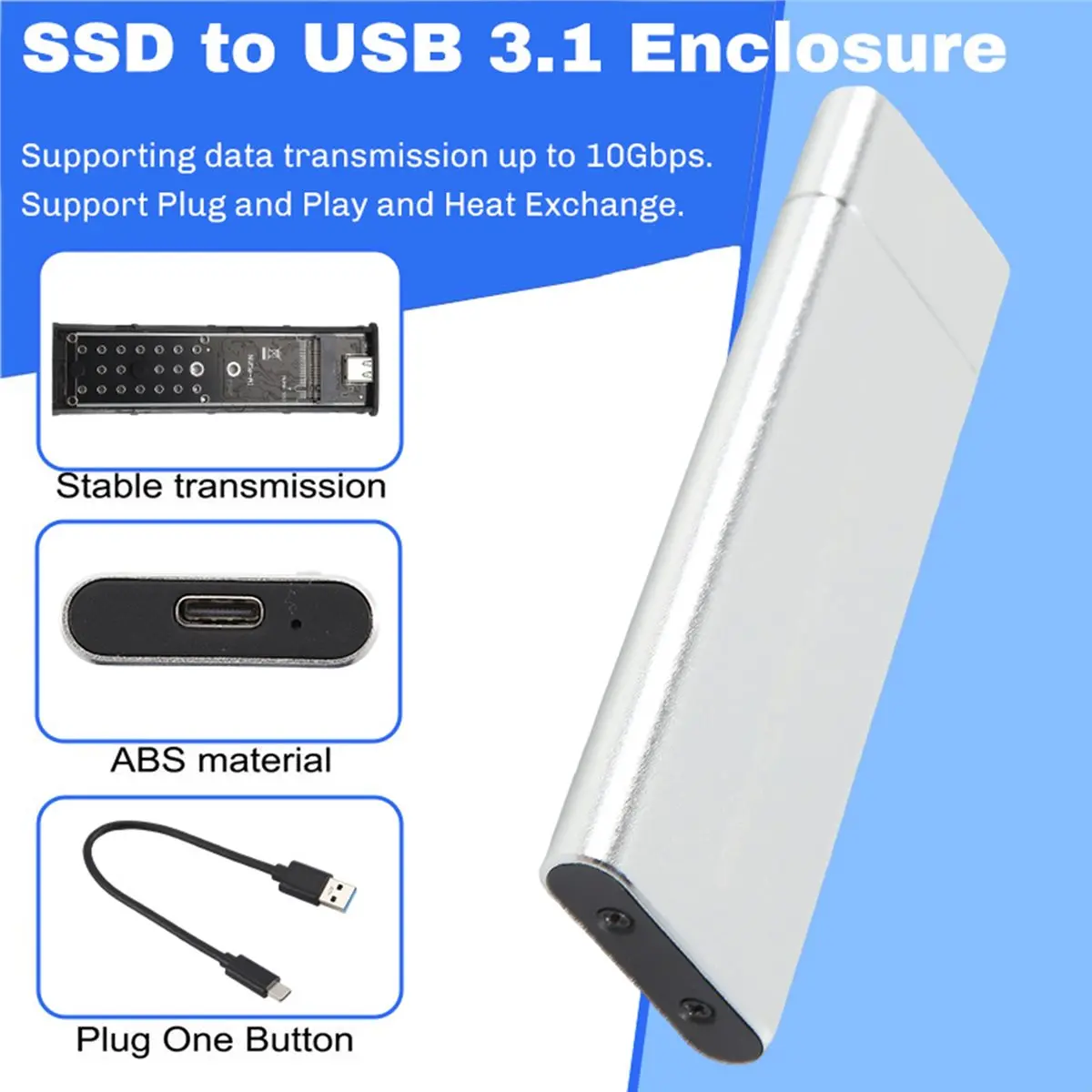 A46U M.2 NVMe SSD Enclosure Adapter 10Gbps USB C 3.1 Gen2 NVMe Case External Enclosure NVMe Reader NVMe Case Silver